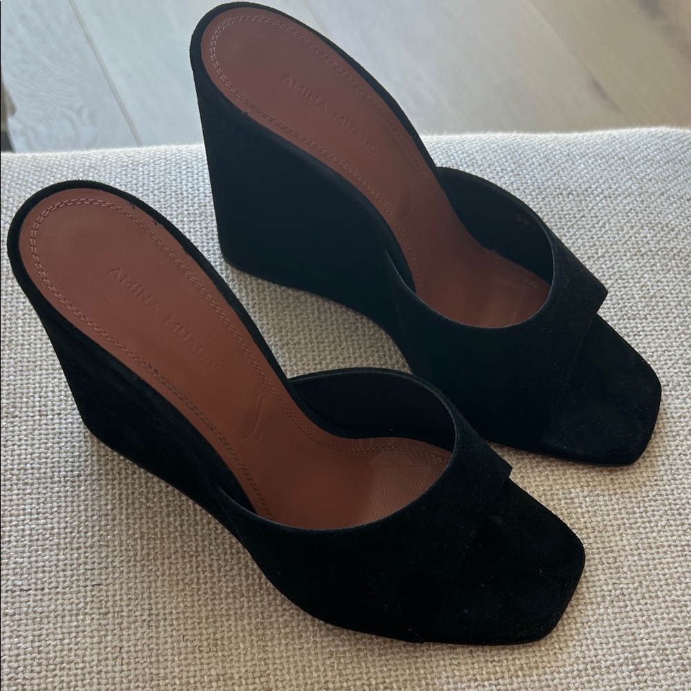 Amina muaddi Black Wedge Slide Sandals